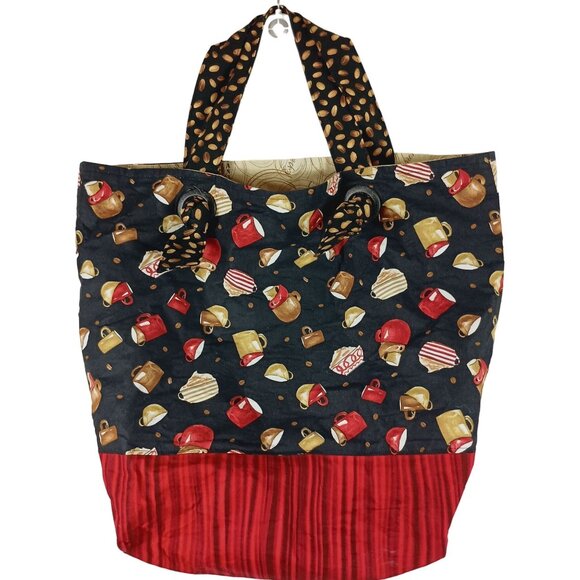 Unknown Handbags - Coffee Tote Bag Large Mug Print Quirky Kitschy Reusable Shopper Black Red